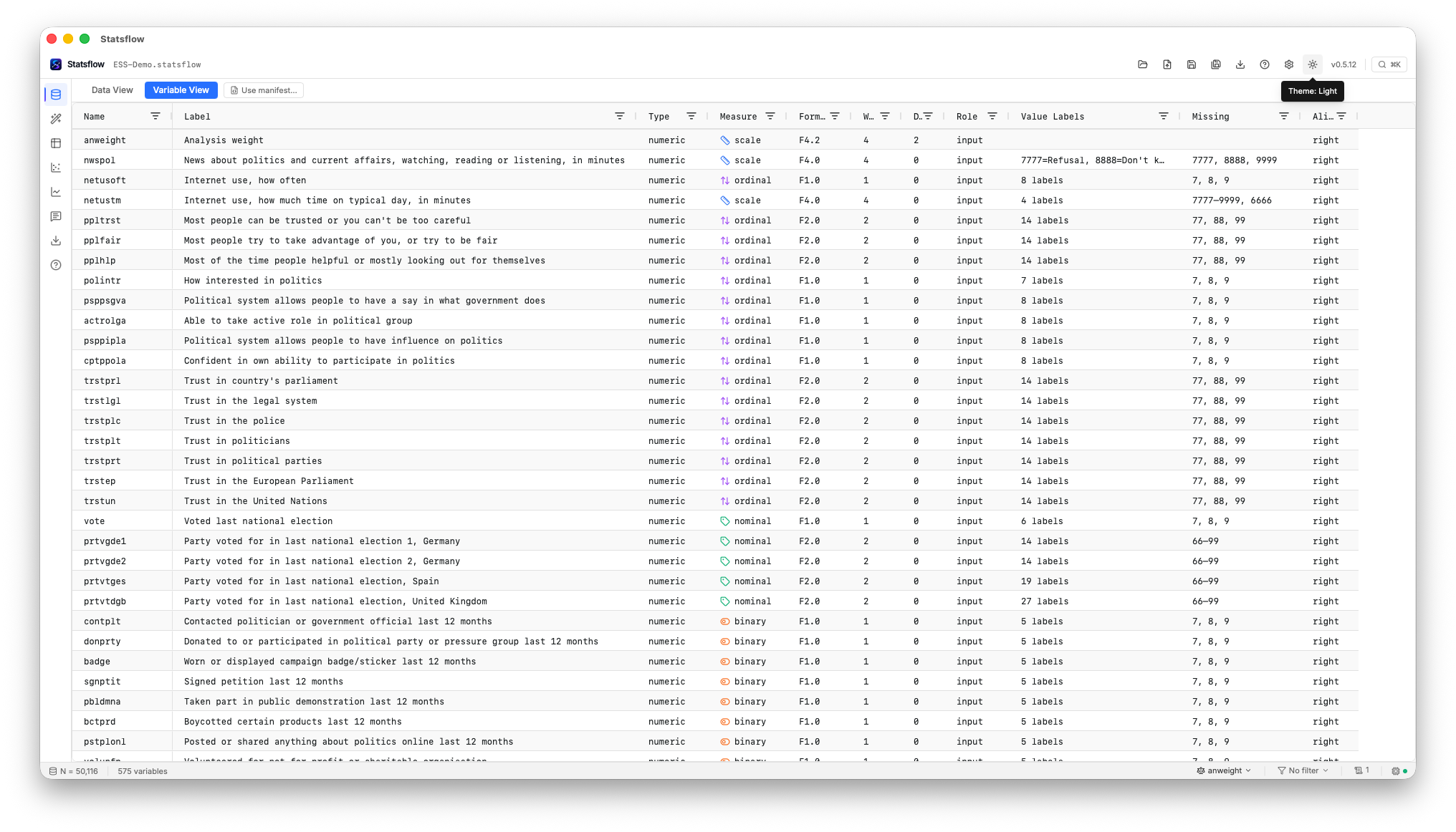 The Statsflow workspace — variable view with full SPSS metadata